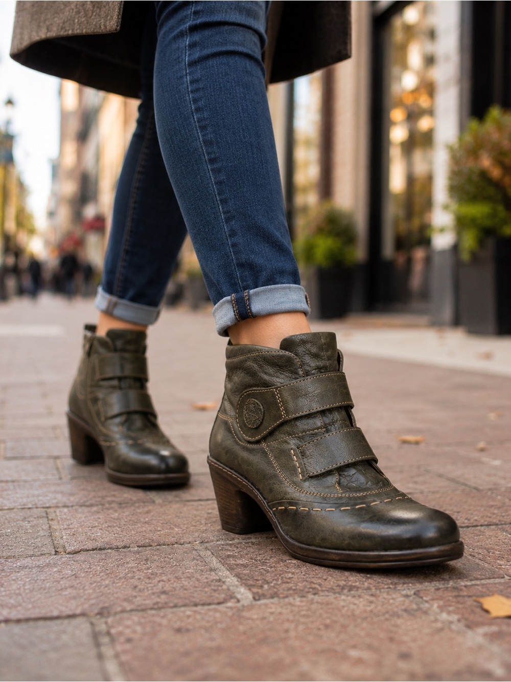 Josef Seibel Olive Green Leather Strap Ankle Boots